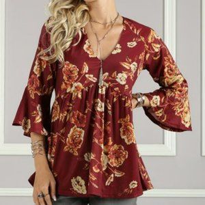 Suzanne Betro Red Pear Floral Bell-Sleeve V-Neck Tunic - Size: 3X - NWOT